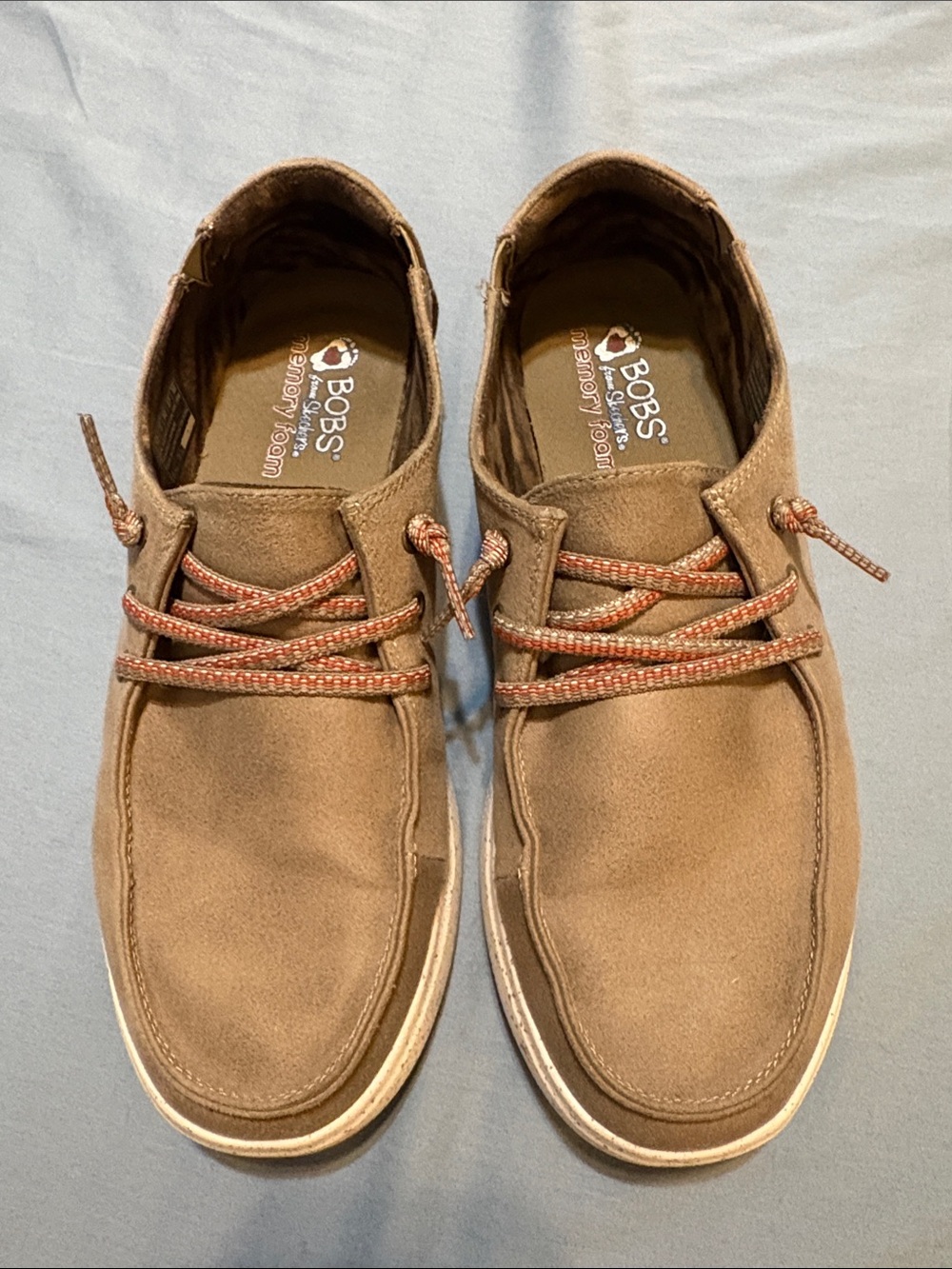 Skechers BOBS Women’s Tan Suede Boat Shoes with Patterned Laces
